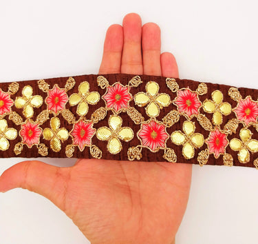 Brown Art Silk Fabric Trim, Salmon Pink & Gold Floral Embroidery Gota Patti Indian Sari Border Trim By Yard Decorative Trim Craft Lace
